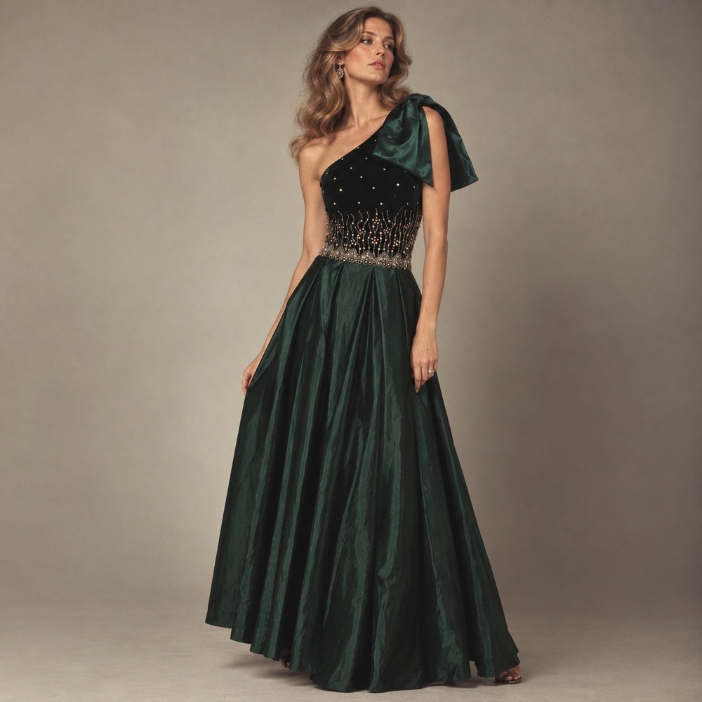 Vintage 70s One Shoulder Gown Women 26W Green Black Velvet Beaded Formal Holiday